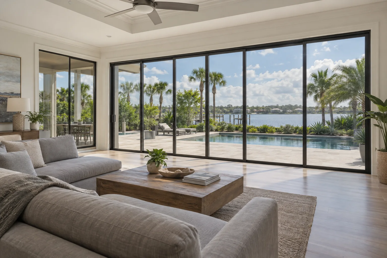 Bright living room with tinted sliding glass doors and windows