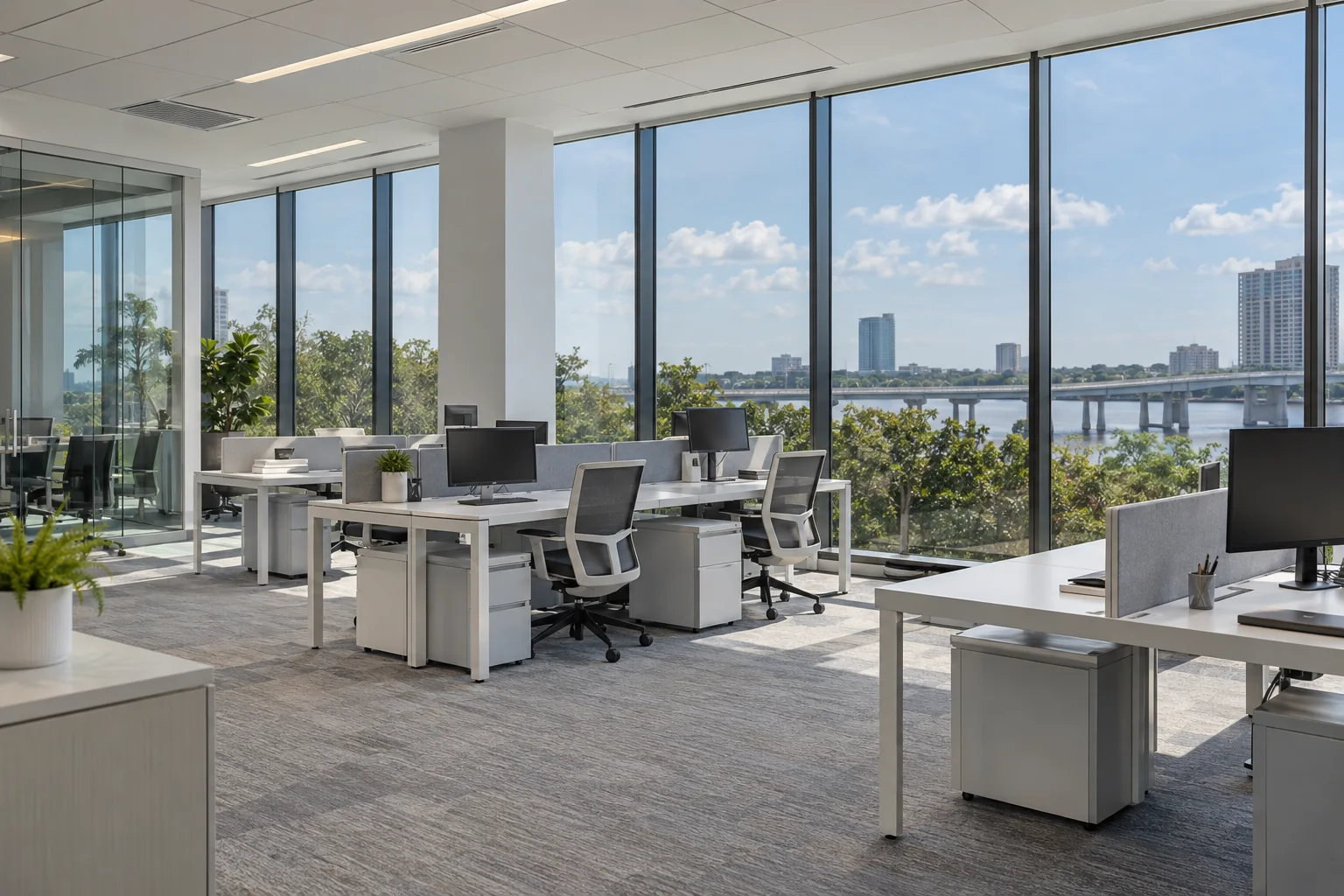Bright open-plan office with tinted floor-to-ceiling windows