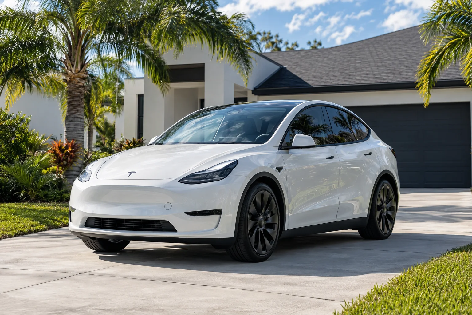 White Tesla Model Y with tinted windows on a driveway