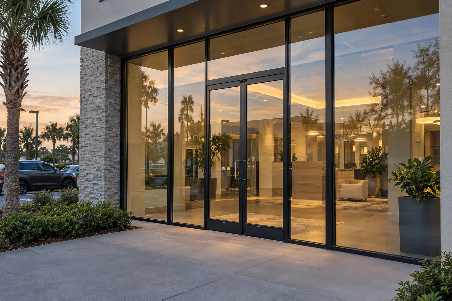 Glass store entrance fitted with clear safety and security film at dusk